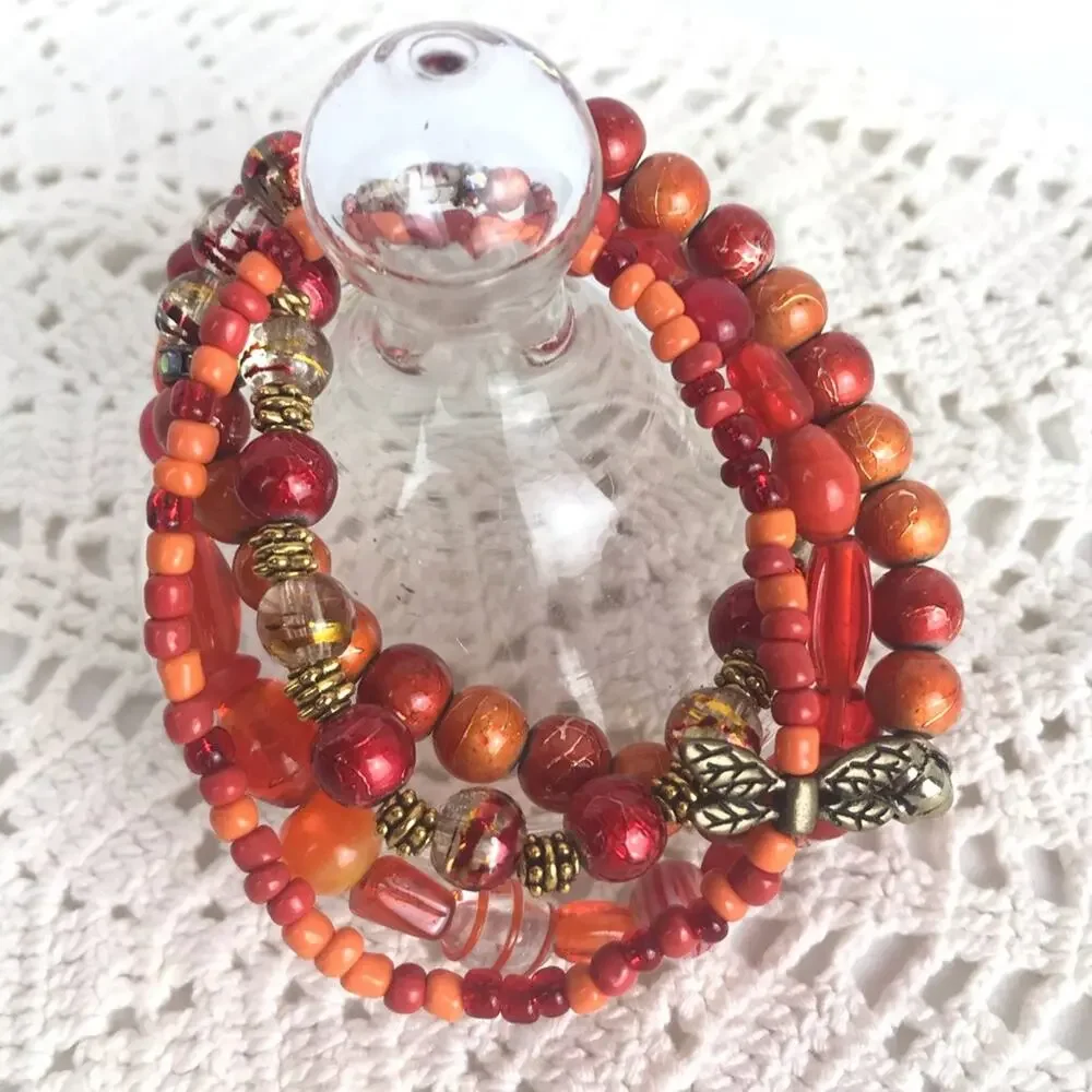 Dragonfly Coral Orange Brass Stackable Bracelets